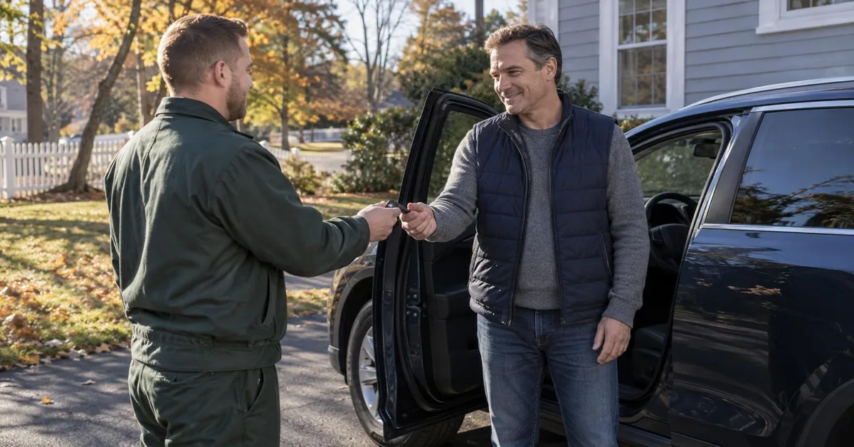 A local automotive locksmith hands a new key fob to a smiling driver at the open door of his SUV.