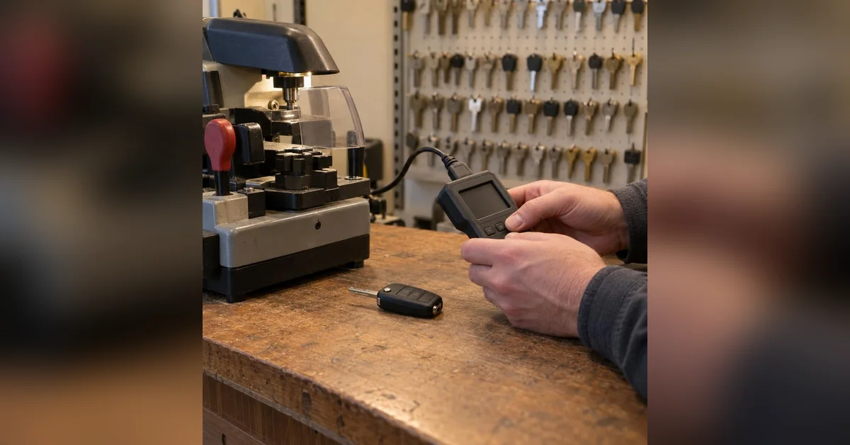 A car key replacement locksmith programs a new flip key with a handheld tool beside the key machine.