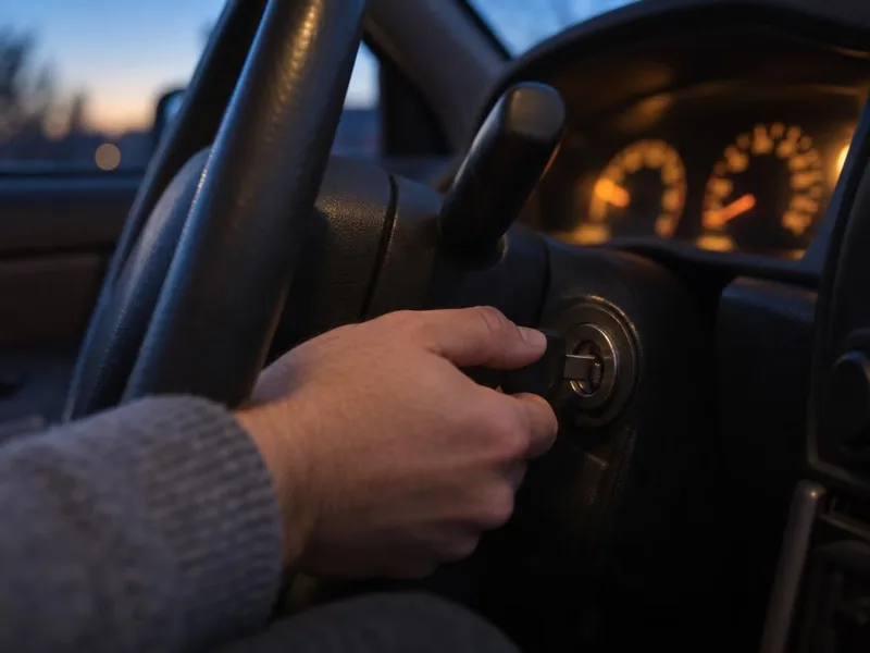 A driver turns a new car key in the ignition as the dashboard lights come on.