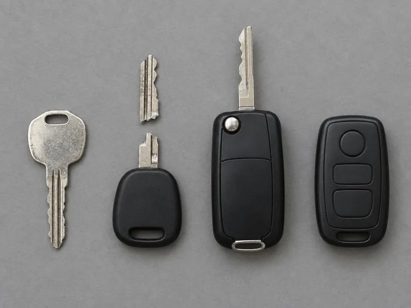 A worn car key, a snapped key, a flip key and a smart key fob laid side by side on a gray surface.