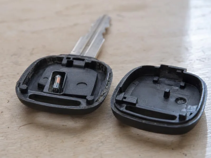 The opened head of a car key showing the small transponder chip that the car reads before it starts.