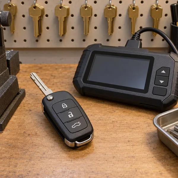 A flip key fob lies on a tan wood counter beside a handheld programmer, a wall of key blanks behind.