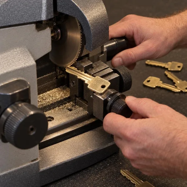 A brass car key blank clamped in the cutting machine at the counter.