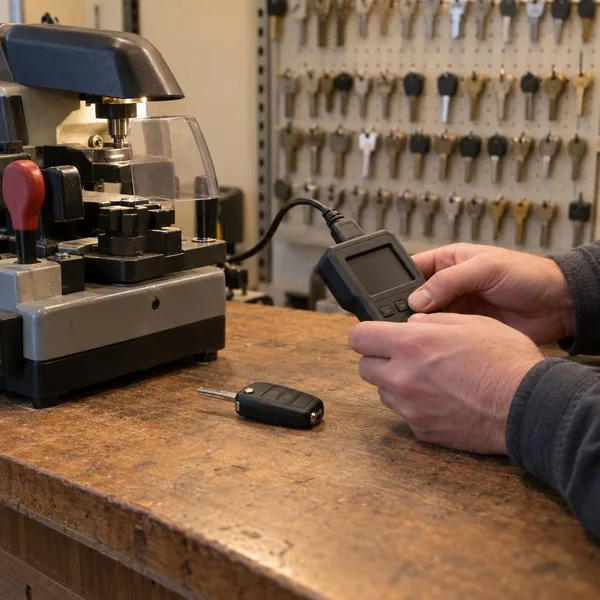 A car key fob being programmed at the counter beside the key machine.