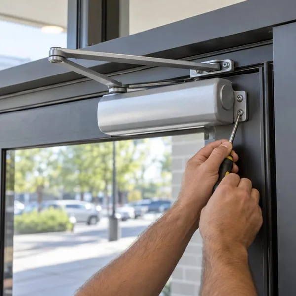 A hand adjusts the arm of a door closer on a glass storefront door, with the parking lot beyond.