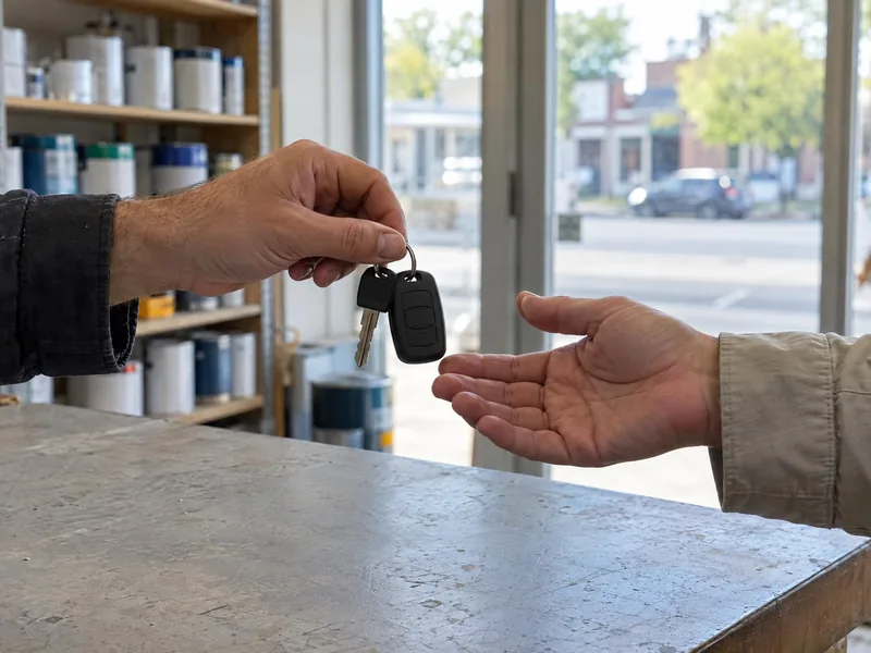 A new key and remote handed across the counter to a customer at Jerry's Hardware & Car Keys.