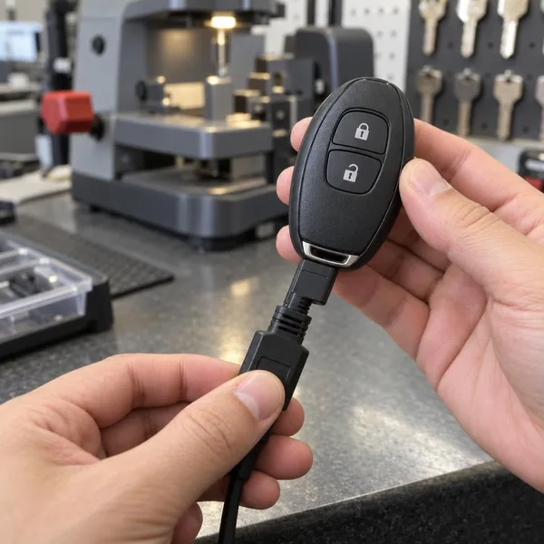 Two hands hold a push-to-start key fob with a programming cable attached, a key machine behind.