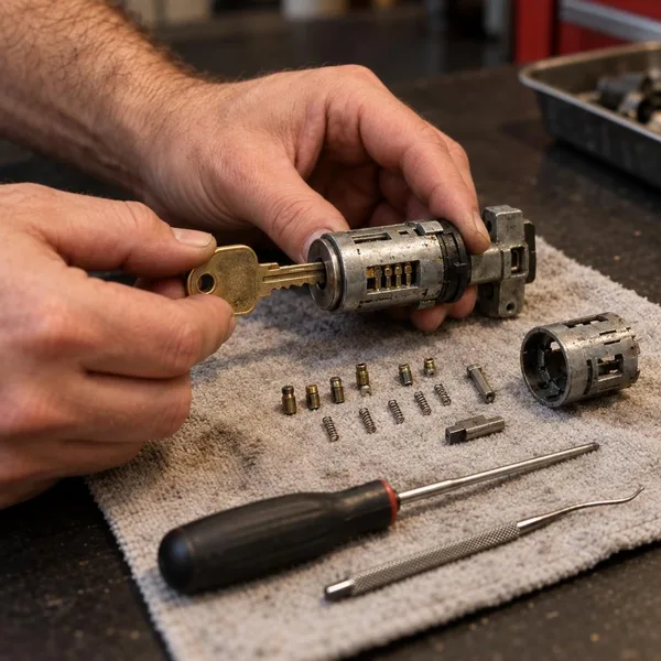 Hands fitting a door key to a removed ignition cylinder on a dark counter beside a cloth.