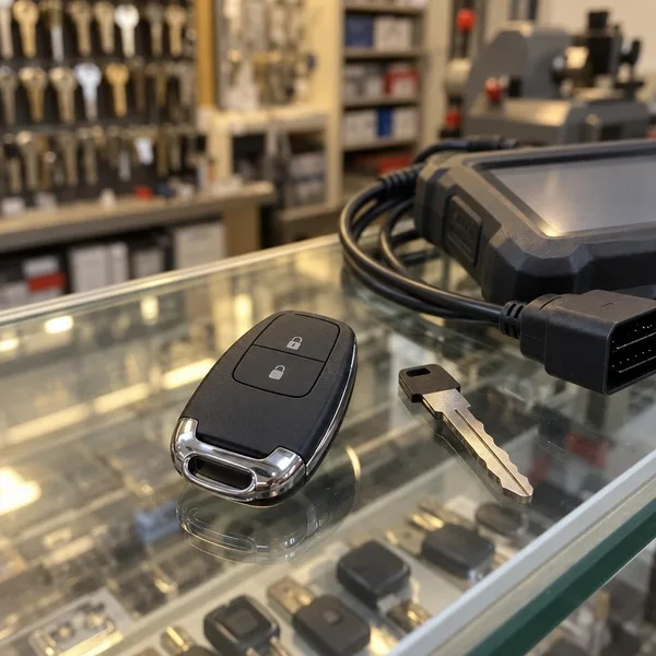 A smart key fob and a loose key blade rest on a glass display counter beside a diagnostic tool.