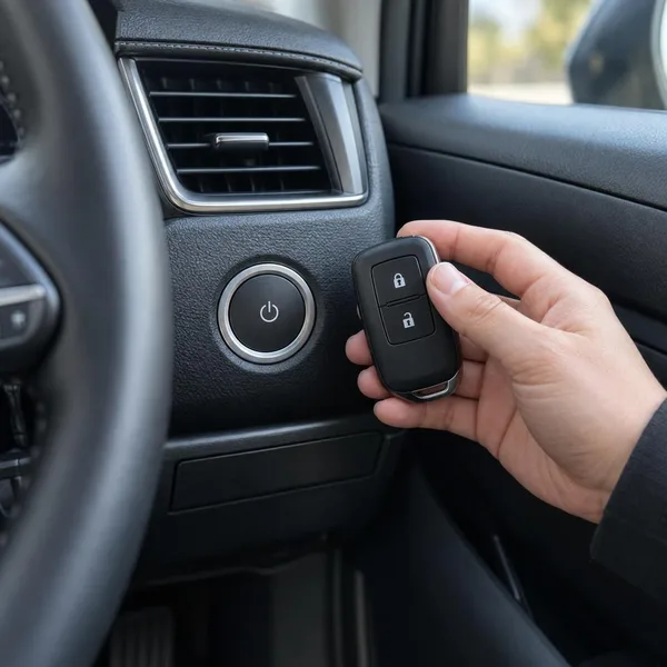 A smart key fob held up beside the push-to-start button on a car's dashboard.