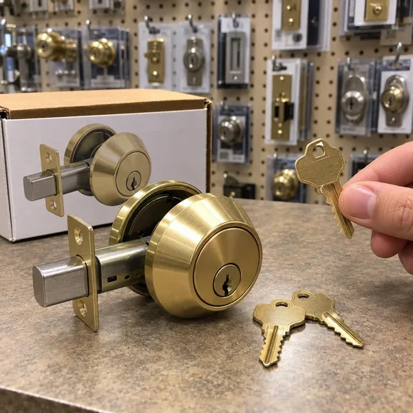 A brass deadbolt set and two keys sit on the shop counter in front of a pegboard wall of locks.