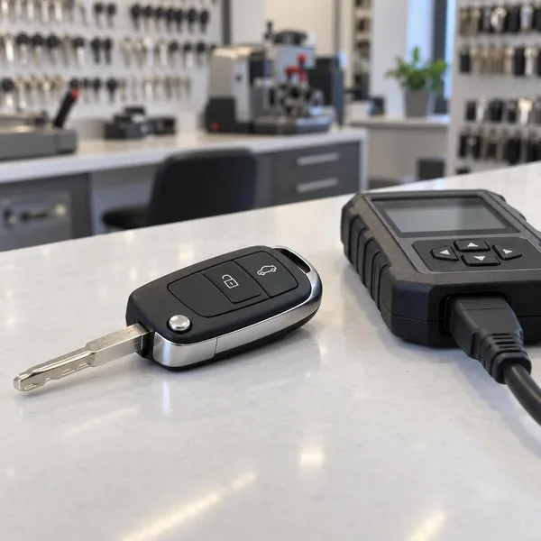A smart key fob being programmed with a handheld tool at a locksmith workbench.
