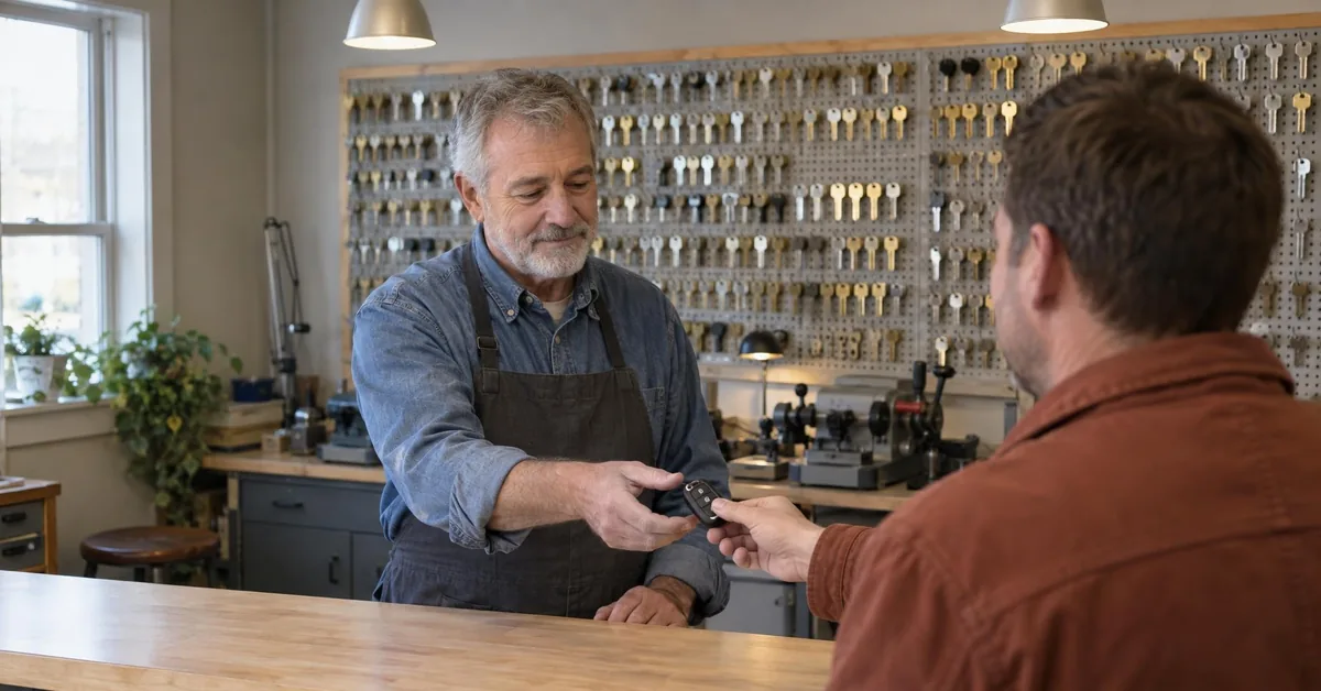 A locksmith reaches across the counter to take a car key fob from a customer, with key blanks and key machines behind.