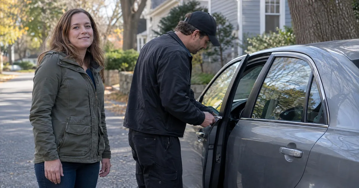 A professional locksmith, Worcester, MA, opens a locked car door for a relieved owner.