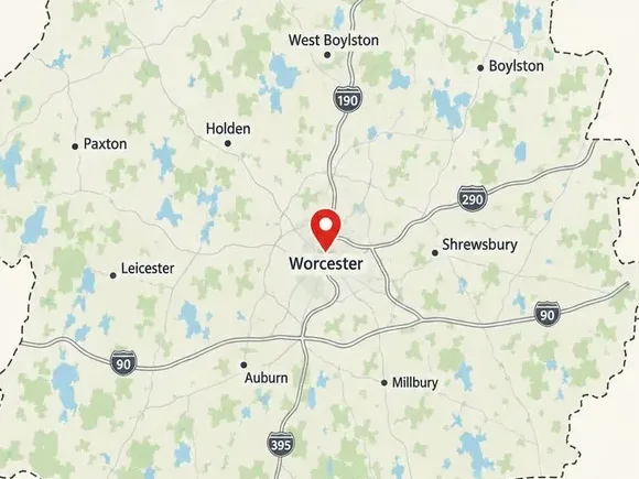 A map pin on Worcester, Massachusetts with surrounding Worcester County towns visible.